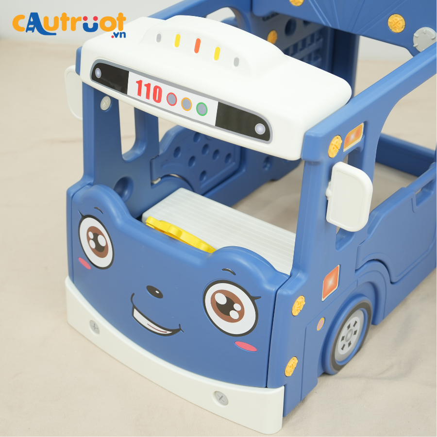 Cầu trượt Pakey xe bus màu xanh dương được làm từ chất liệu nhựa nguyên sinh không mùi, an toàn cho sức khỏe các bé