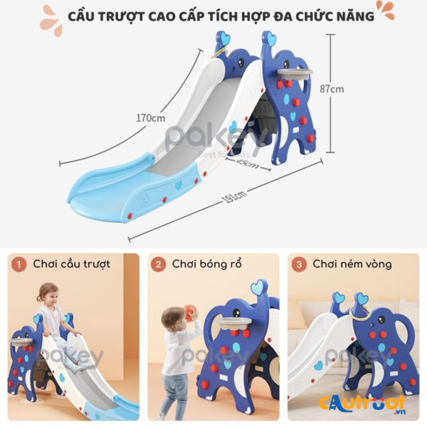 Cầu trượt cho bé Pakey hình voi tích hợp nhiều hoạt động giải trí khác nhau như trượt, chơi bóng rổ, ném vòng